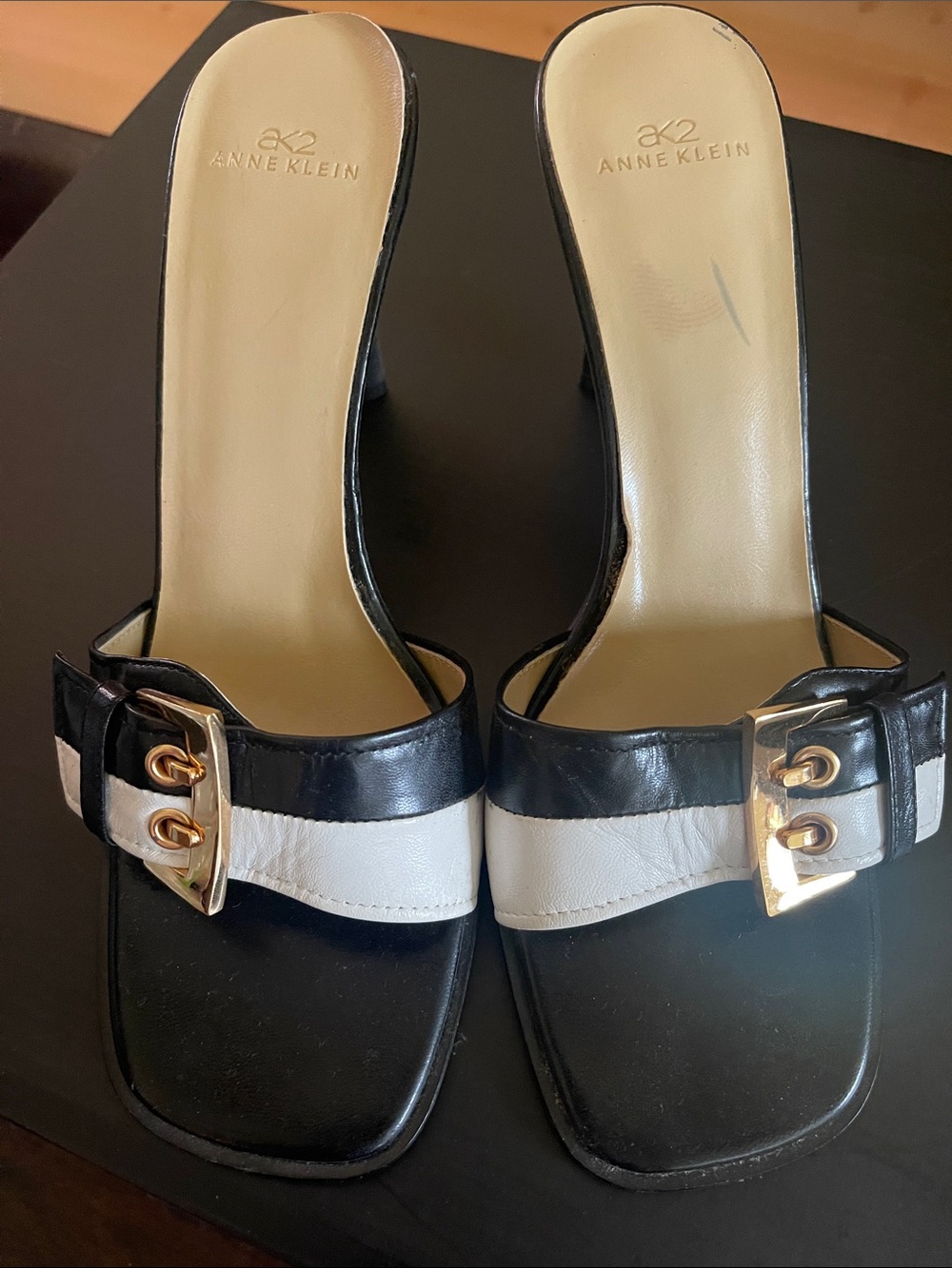 Anne Klein Leather Black & White Slide Mules with Gold Buckle
